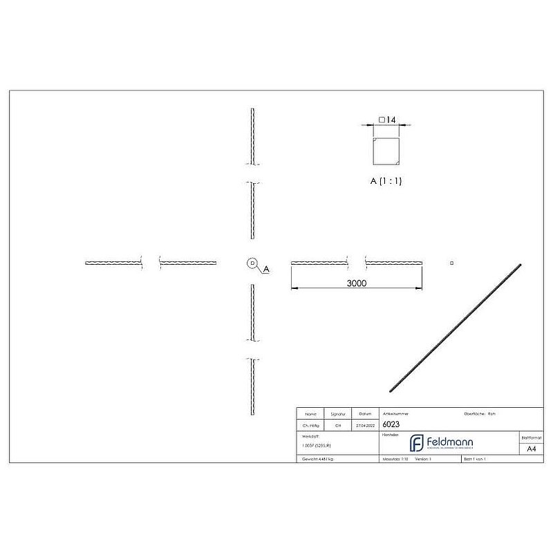 Carré S235JR, 14x14mm, L : 3000mm