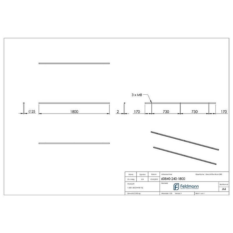 Laufschiene für Glasschiebetüren, L: 1800mm, V2A