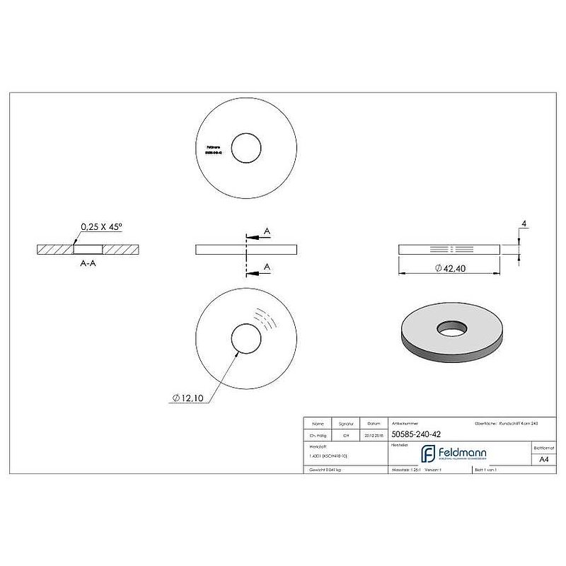 Plate, Ø 42.4mm, for welding on, AISI304