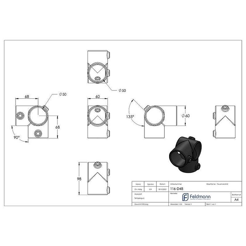 Raccord d'angle 4 sorties, pour tube Ø 48,3mm