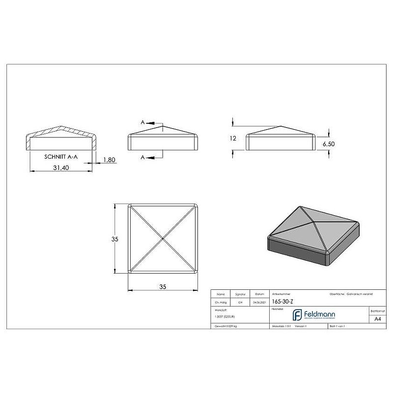 Pillar cover for tube 30x30mm, galvanised