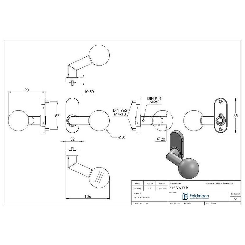 Drückerknopf, Ø 50mm, drehbar, V2A