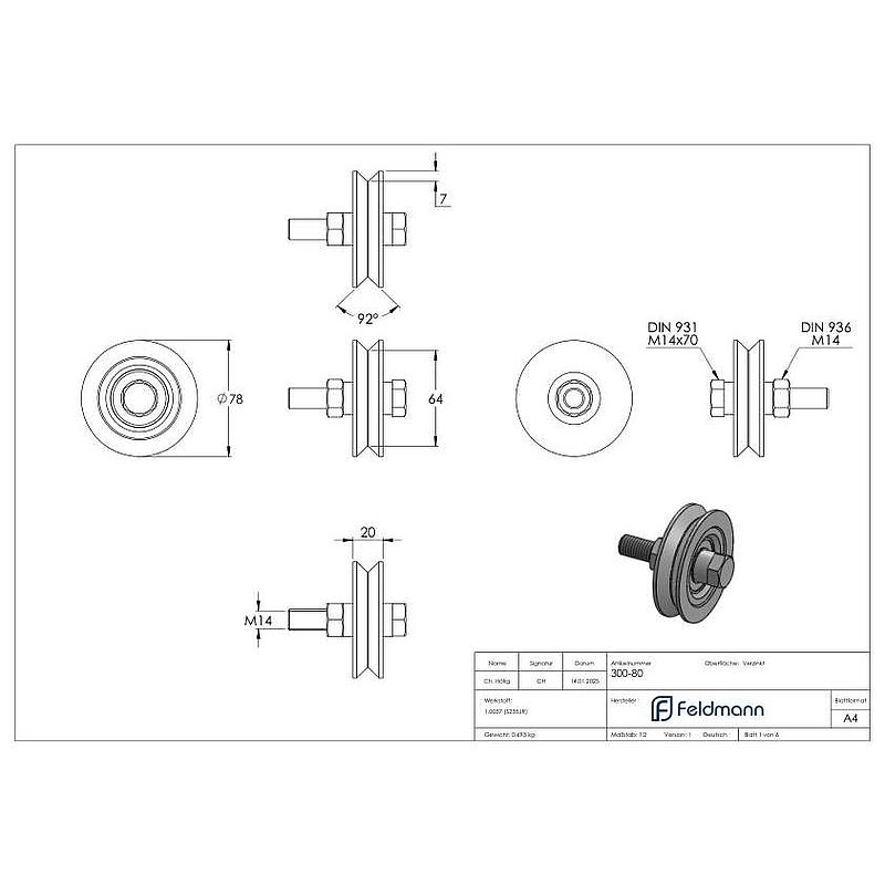 Schiebetorrolle Ø 80mm mit V-Rille, verzinkt, Tragkraft 200kg