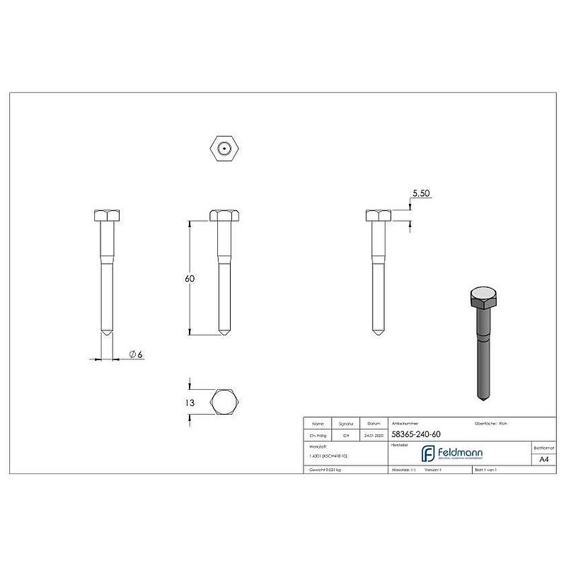 Sechskant-Holzschraube 8x60, DIN 571, V2A