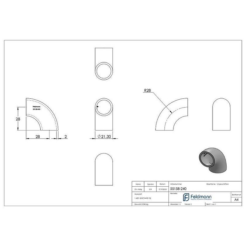 Schweißbogen 90°, 21,3x2,0mm, ungeschliffen, V2A