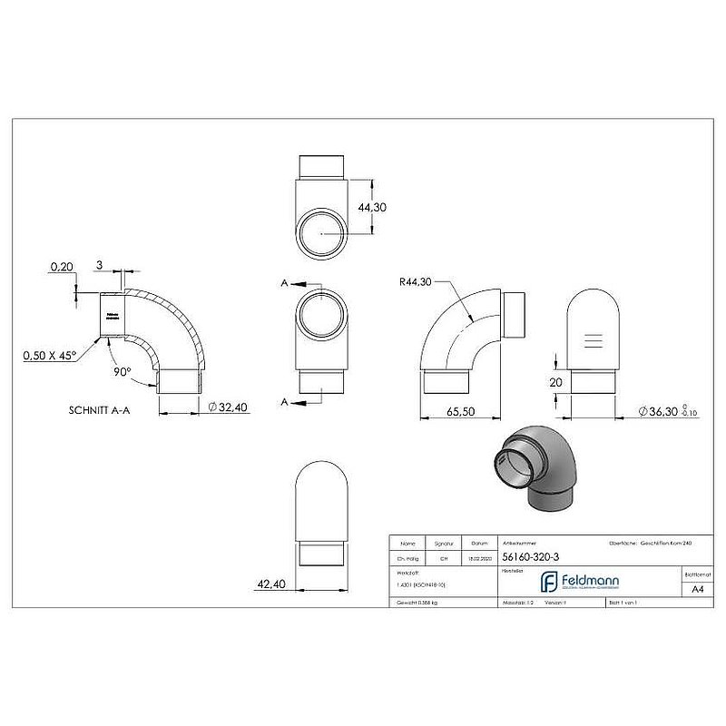 Tube coudé à 90°, pour tube Ø 42,4x3mm, V2A