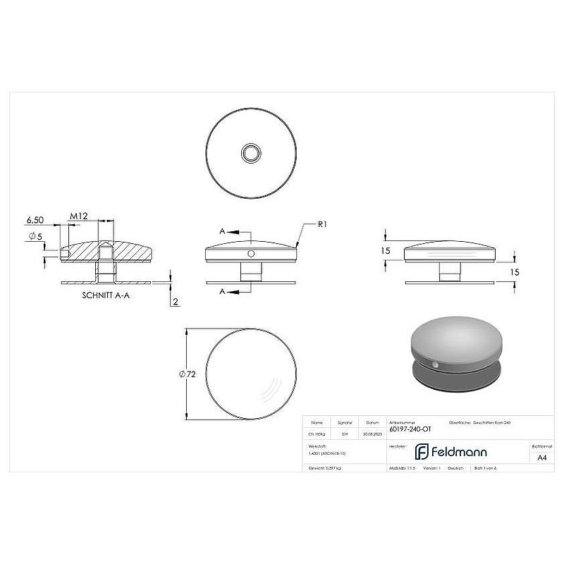 Upper part of 72mm glass point holder, AISI304
