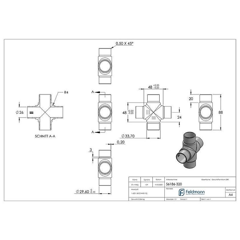 Kreuzstück, für Rohr 33,7x2,0mm, V2A