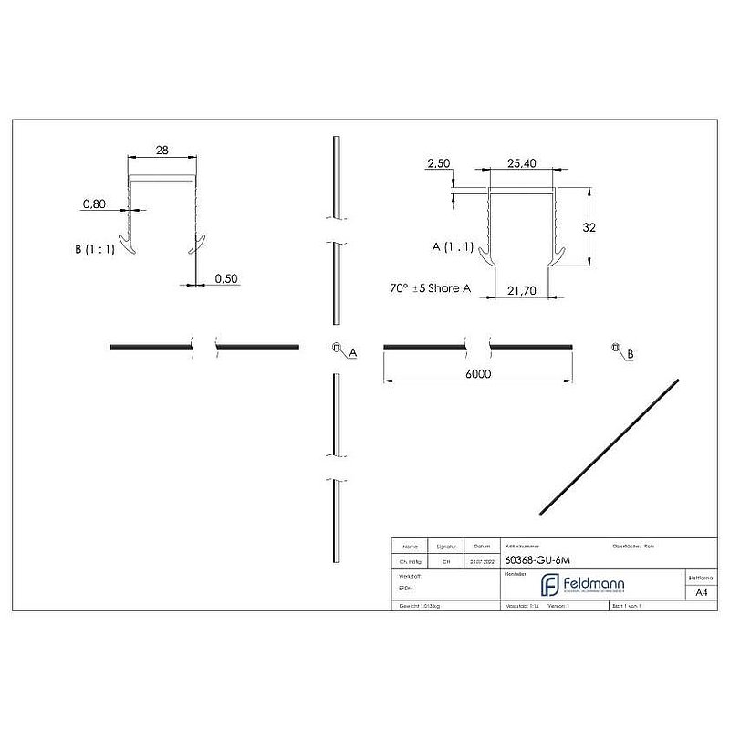 Keildichtung Glas 24,76 – 25,52mm, für Nut 27x30mm, 6m