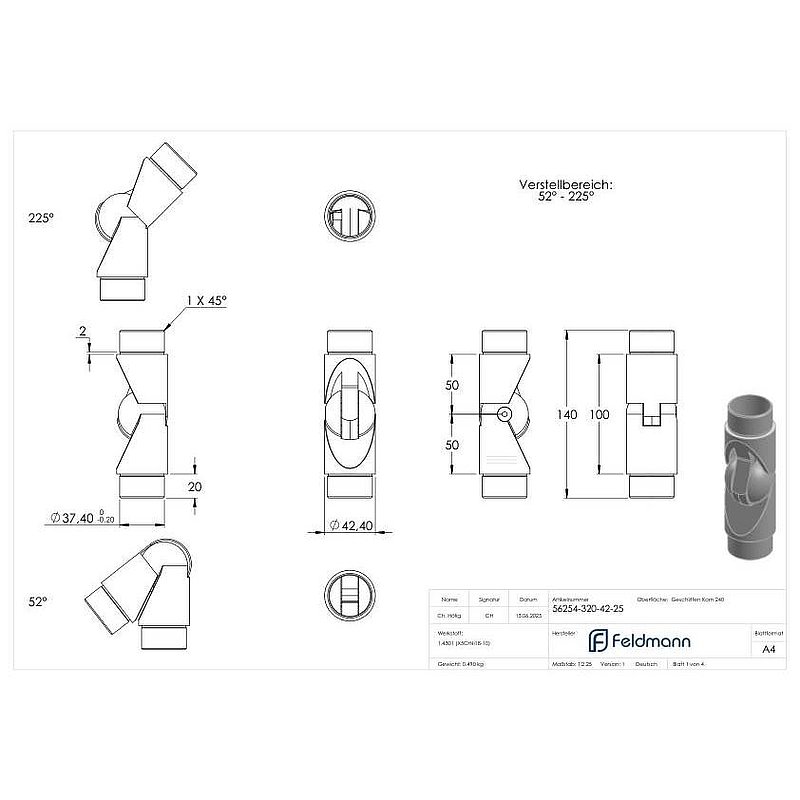 Joint piece, for tube 42,4 x 2,5mm, AISI304