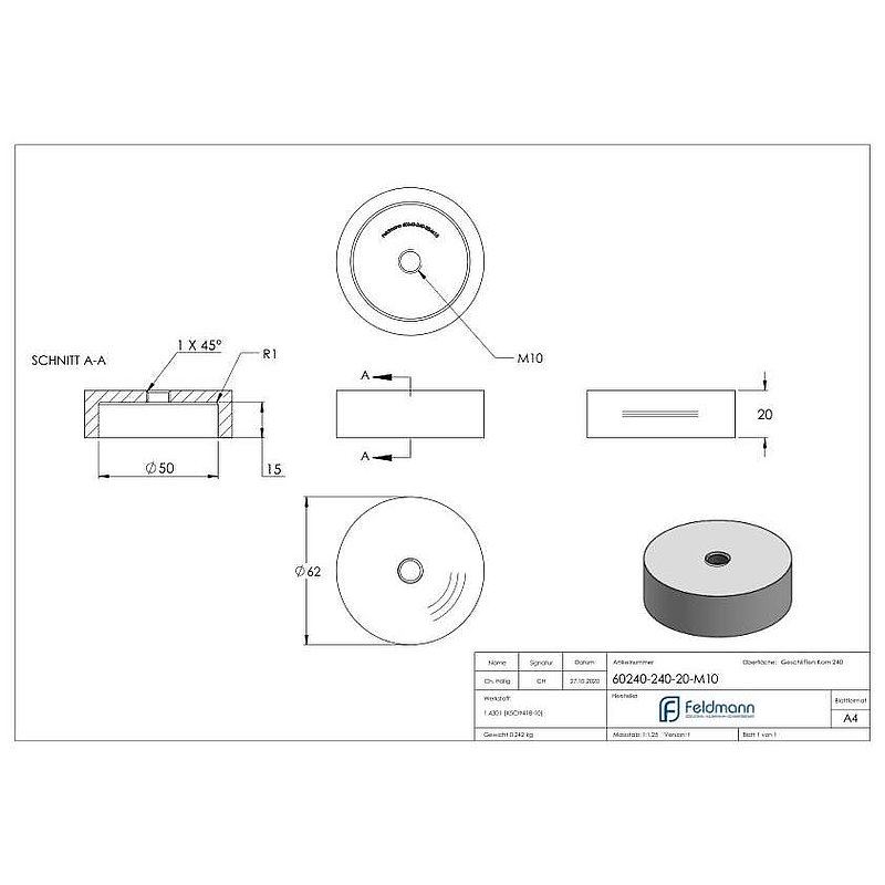 Partie inférieure pour point de fixation 62mm, ép.: 20mm, avec M10, V2A