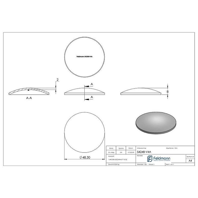 Embout bombé pour tube Ø 48,3x2,0mm, H: 8mm, V4A