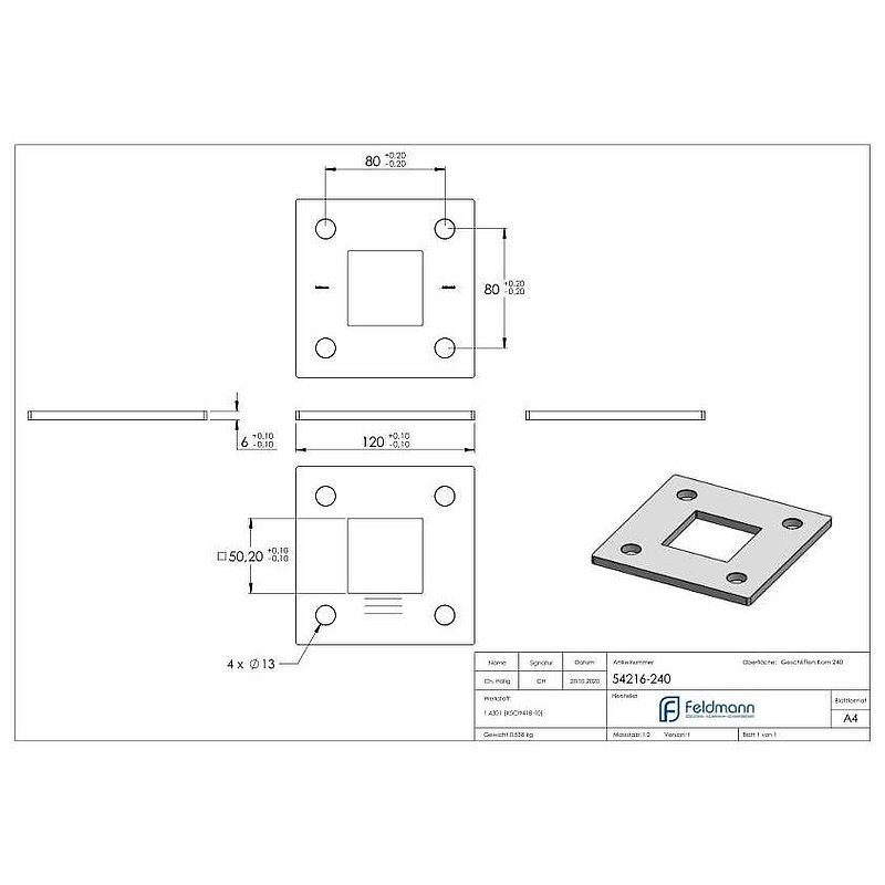 Anchor plate, 120x120x6mm, with longitudinal grinding, AISI304