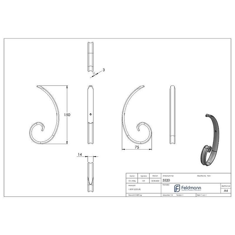 Volute L: 14x3mm, 150x75mm