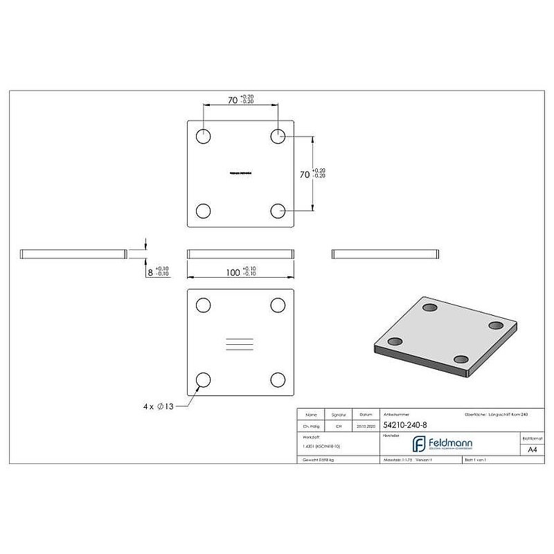 Anchor plate, 100x100x8mm, with longitudinal grinding, AISI304