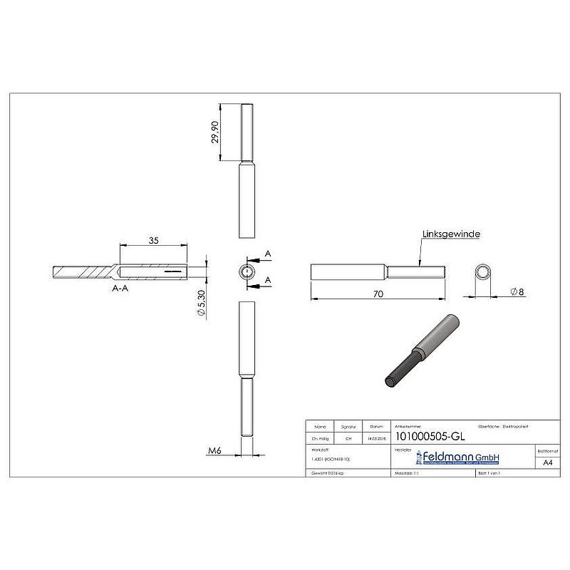 Gewindeterminal für Seil 5mm, V2A