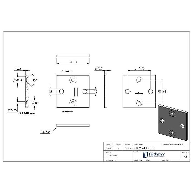 Anchor plate, 100x100x8mm with bevelled edge, AISI304