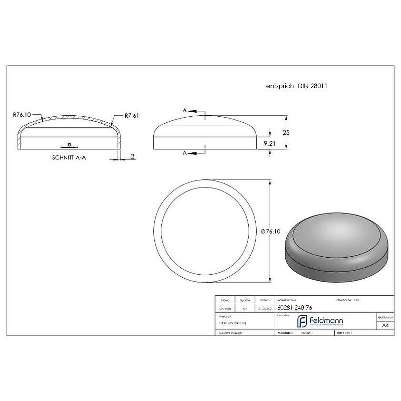 Klöpperboden 76,1x2,0mm, DIN 28011, V2A