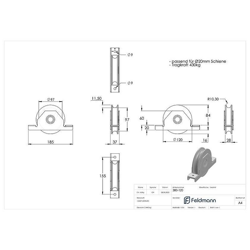 Sliding gate roller with round groove, Ø 120mm, for rail Ø 20mm, 2 ball bearings, galvanised