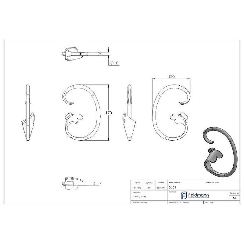 C-volute 10mm, 170x120mm, LEFT