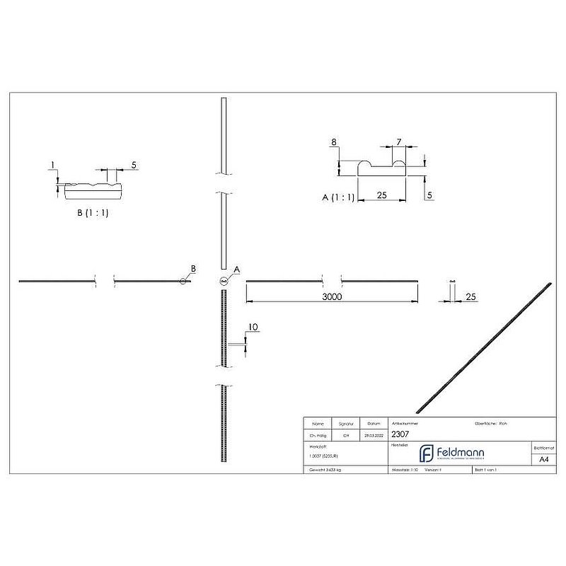 Fer plat rainurée 25x8x4mm, L : 3000mm