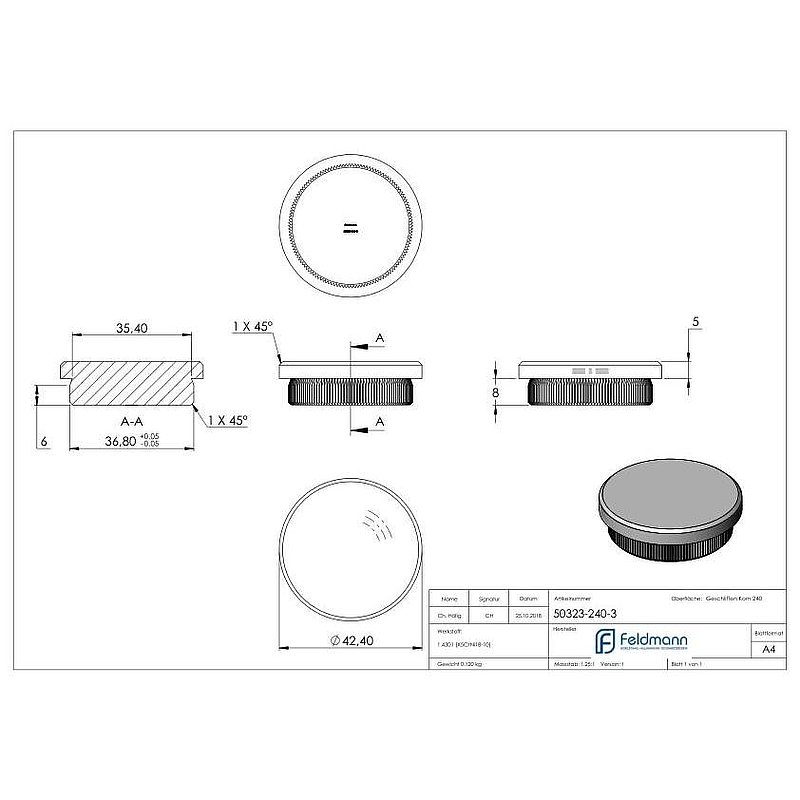 Bouchon pour extrémité de tube, pour tube 42,4x3,0mm, V2A