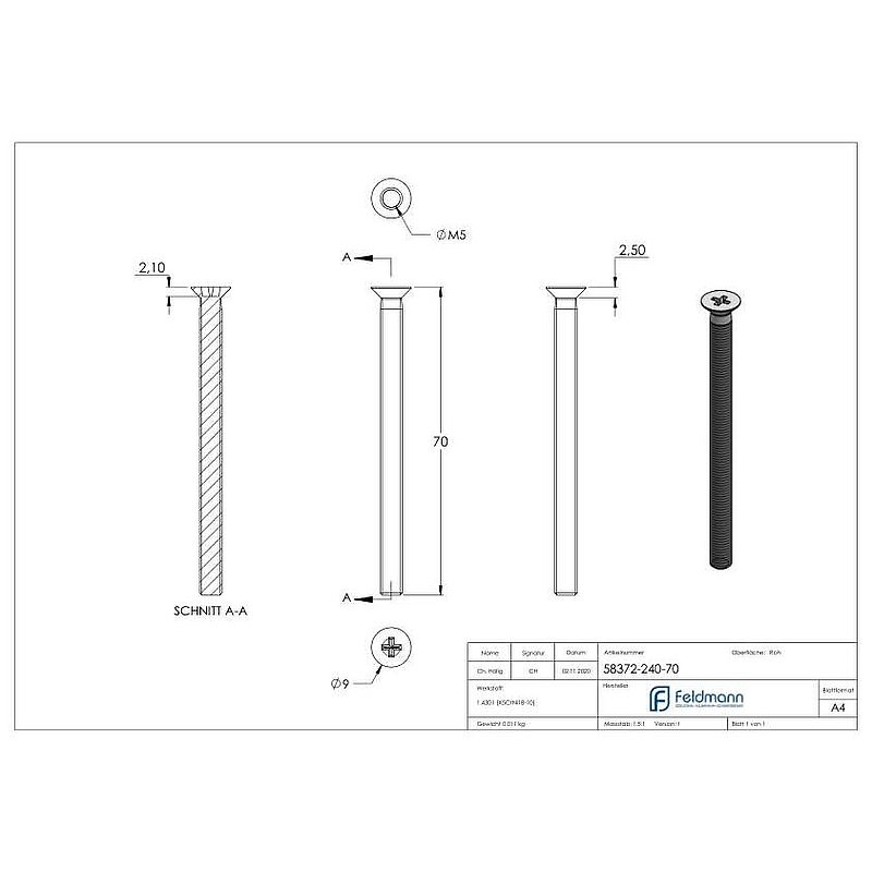 Vis à tête fraisée M5x70, V2A DIN 965