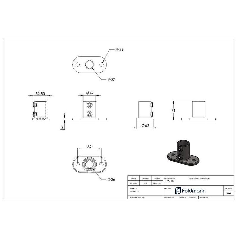 Wall bracket with 2 holes, for pipe Ø 33.7mm_x005F