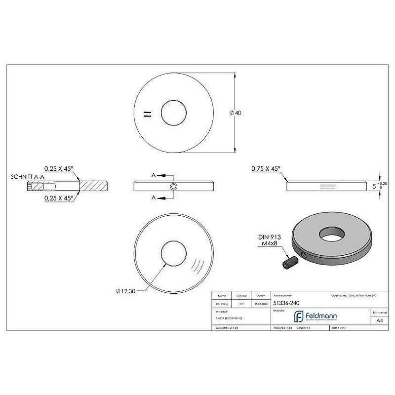 Cover disc 40x5mm, with round grinding and chamfer, bore 12.3mm, AISI304