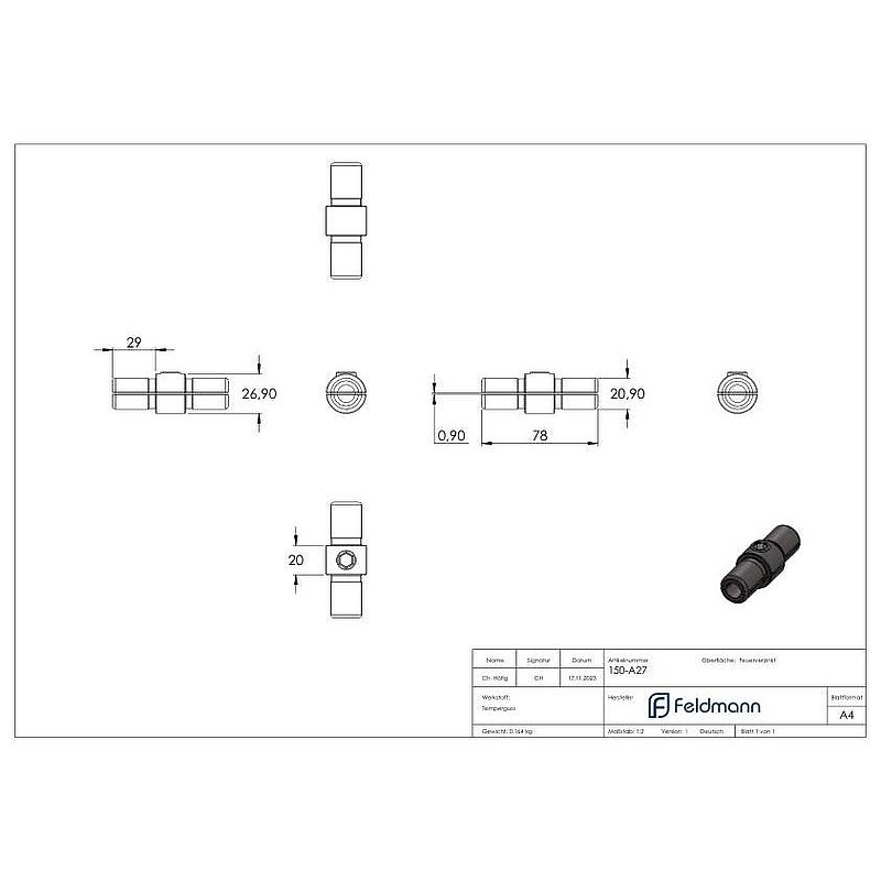 Connector, straight, in tube, for pipe Ø 26.9 mm