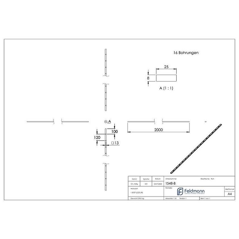 Barre à trous S235JR, 25x8mm, entraxe des trous 120mm, 2000mm