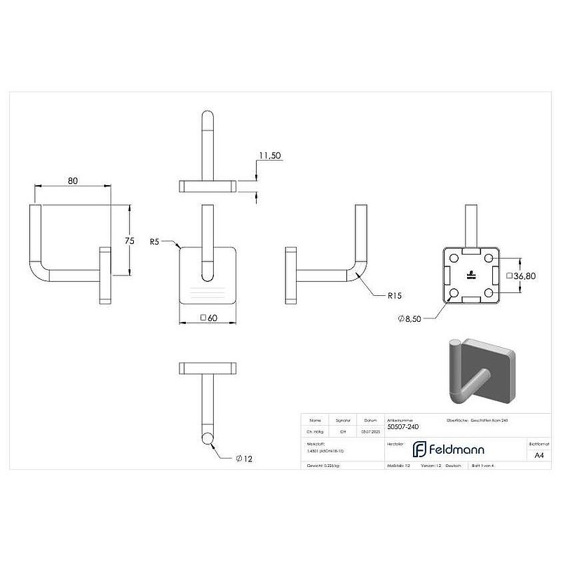 handrail bracket for welding + cover rosette (round and bracket welded), AISI304