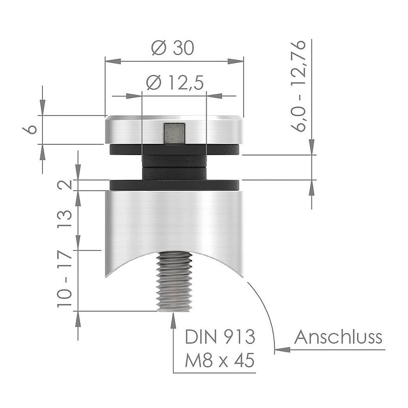 Glass point holder 30mm, connection: 42.4mm, raw zinc