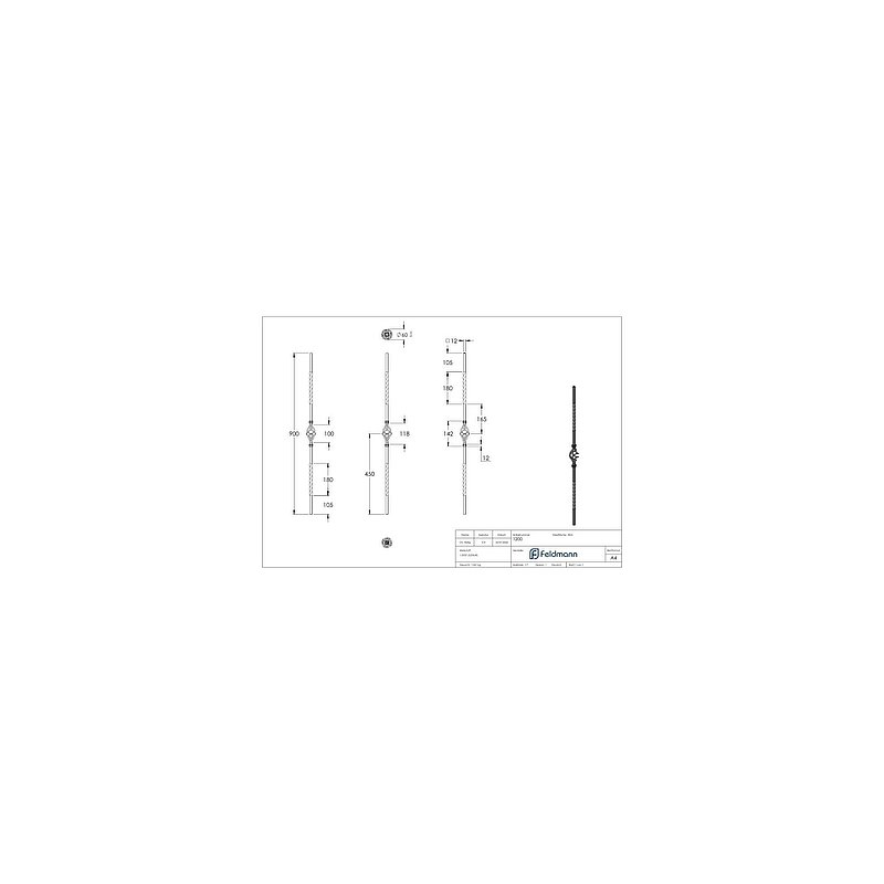 Zirbelstab 12x12mm, glatt, H: 900mm