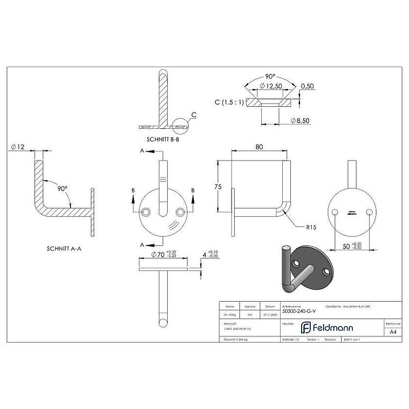 Handrail bracket for welding (round plate and bracket welded), AISI304