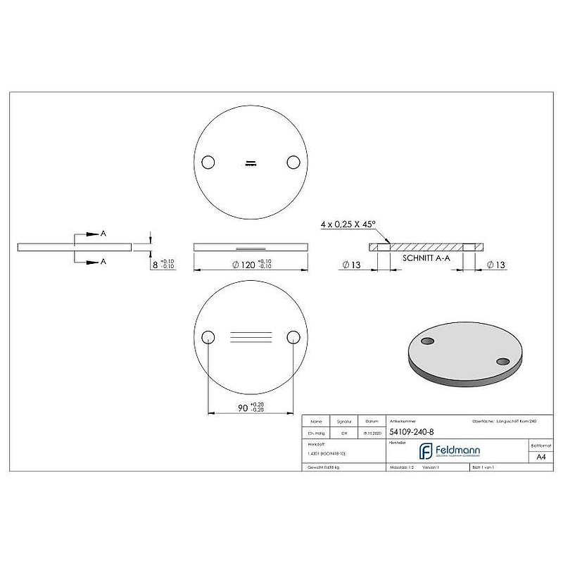 Ankerplatte Ø 120x8mm, mit Längsschliff, V2A