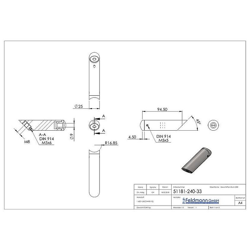 Support de tube incliné, avec raccordement en tube de Ø 33,7mm, V2A
