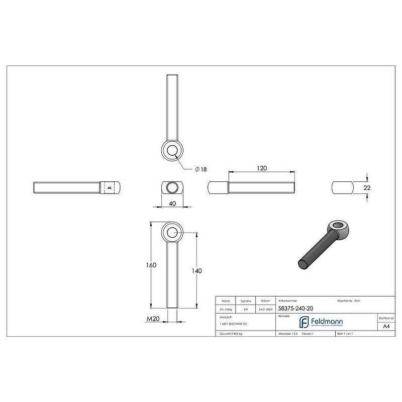 Eye bolt M20x140, AISI304, DIN 444