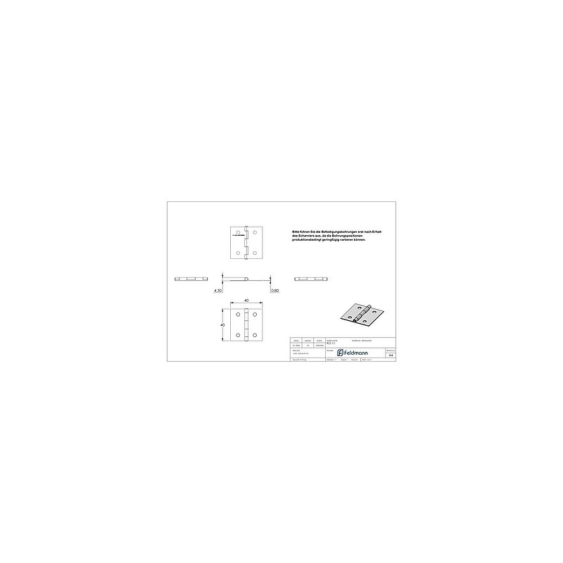 Edelstahl-Scharnier 40x40mm mit festem Zapfen