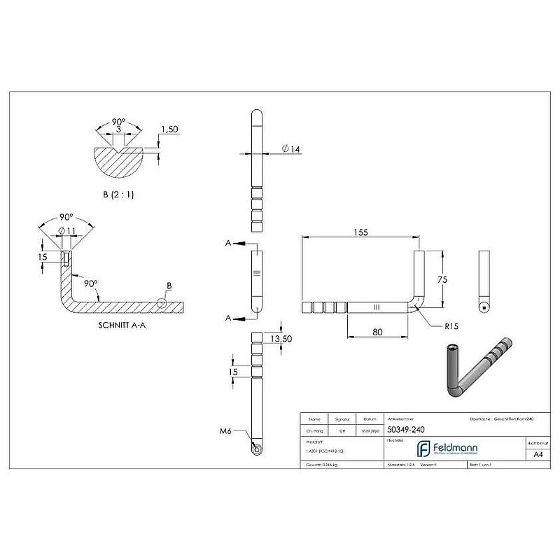 Handlaufhalter zum Einbetonieren, Bügel 14mm, V2A