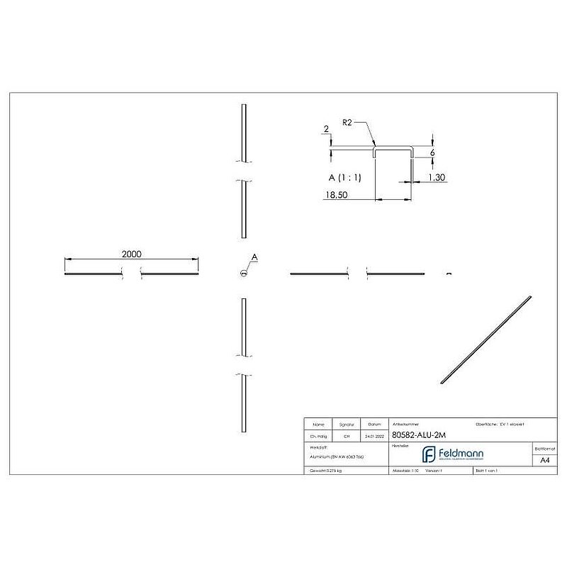 Kantenschutz EXTRA SLIM, für Glas 16,00 - 17,52mm, L: 2000mm, Aluminium E4/EV1