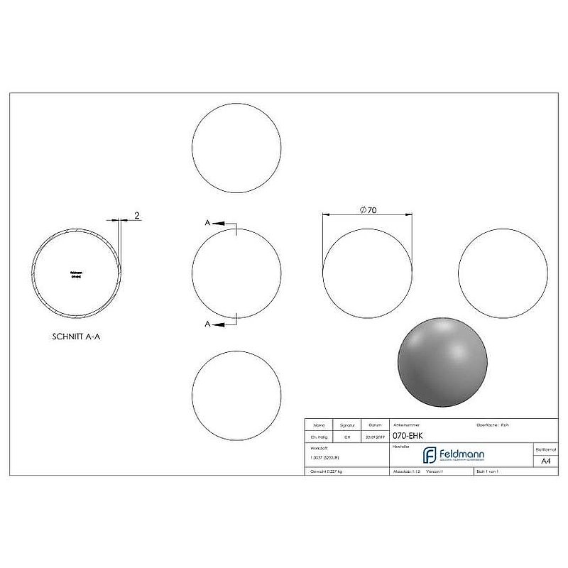 Hollow iron ball Ø 70x2.0mm