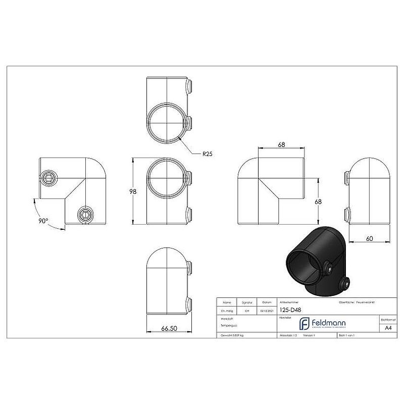 Elbow 90°, for pipe Ø 48.3mm