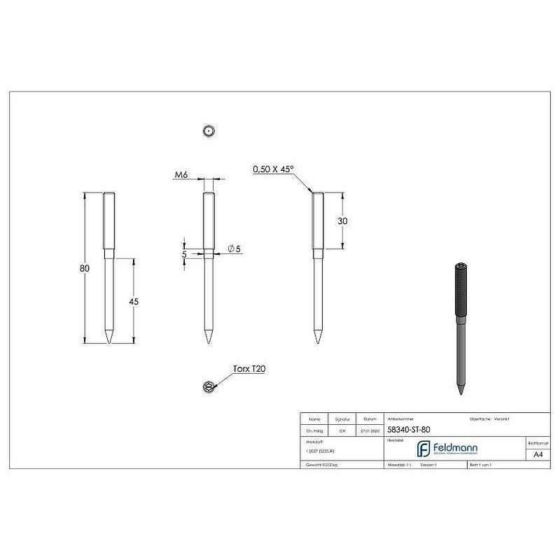 Stockschraube M6x80mm, Stahl verzinkt