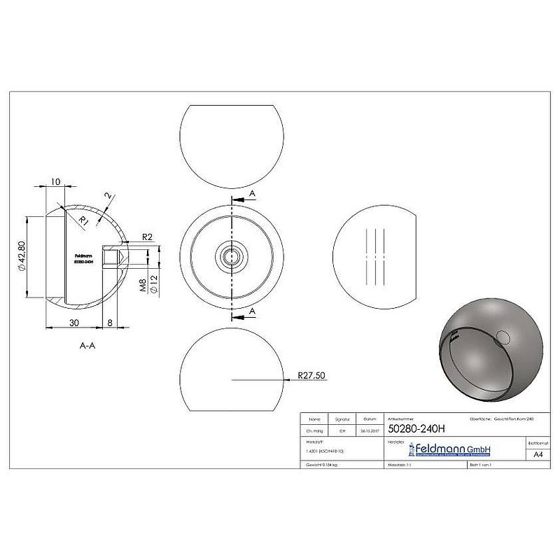 Rohrabschlusskugel hohl für 42,4mm Rohr, mit M8