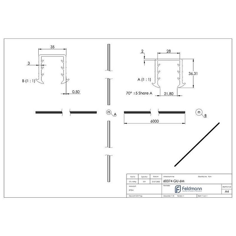 Wedge seal for glass 24.76 - 25.52mm, for groove 34x34mm, 6m