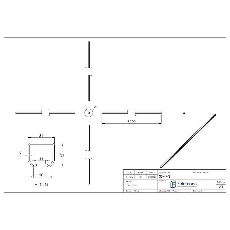 Running track for overhead doors, small, L: 3000mm