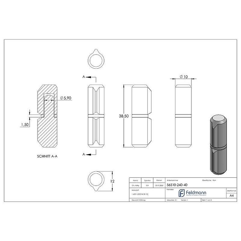 Weld-on strap, L: 40mm, with fixed pin, AISI304