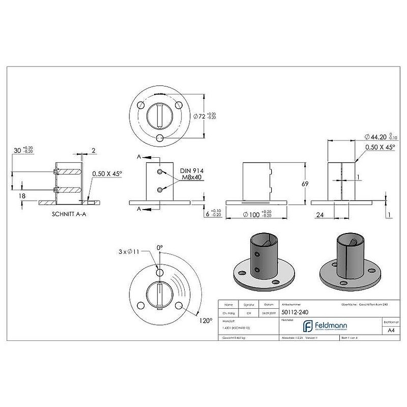 Wall and floor anchor, for tube 48.4x2.0mm, AISI304