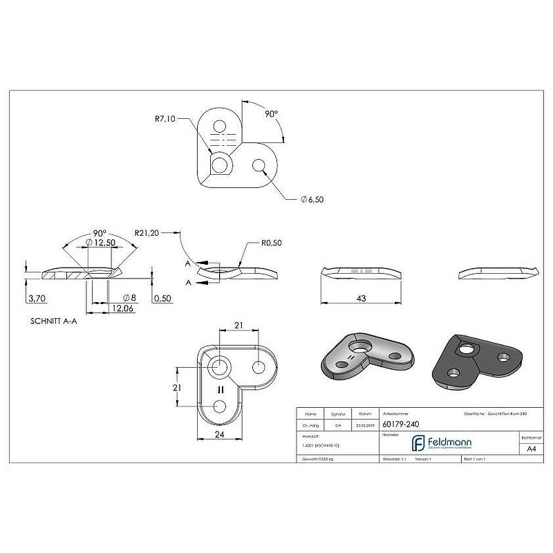Handlaufanschlussplatte 90°, 42,4mm, V2A